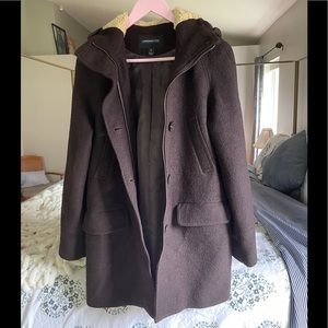 Vintage London Fog Wool Jacket w 4 pockets, zipper, buttons, and Sherpa hood